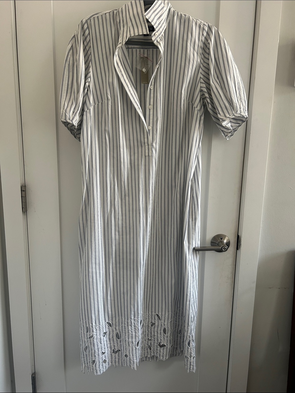 J. Crew White and Gray Striped Maxi Dress with Embroidered Hem